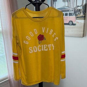 Mighty Fine Yellow "Good Vibes Society" Long Sleeve Tee with Rose Graphic